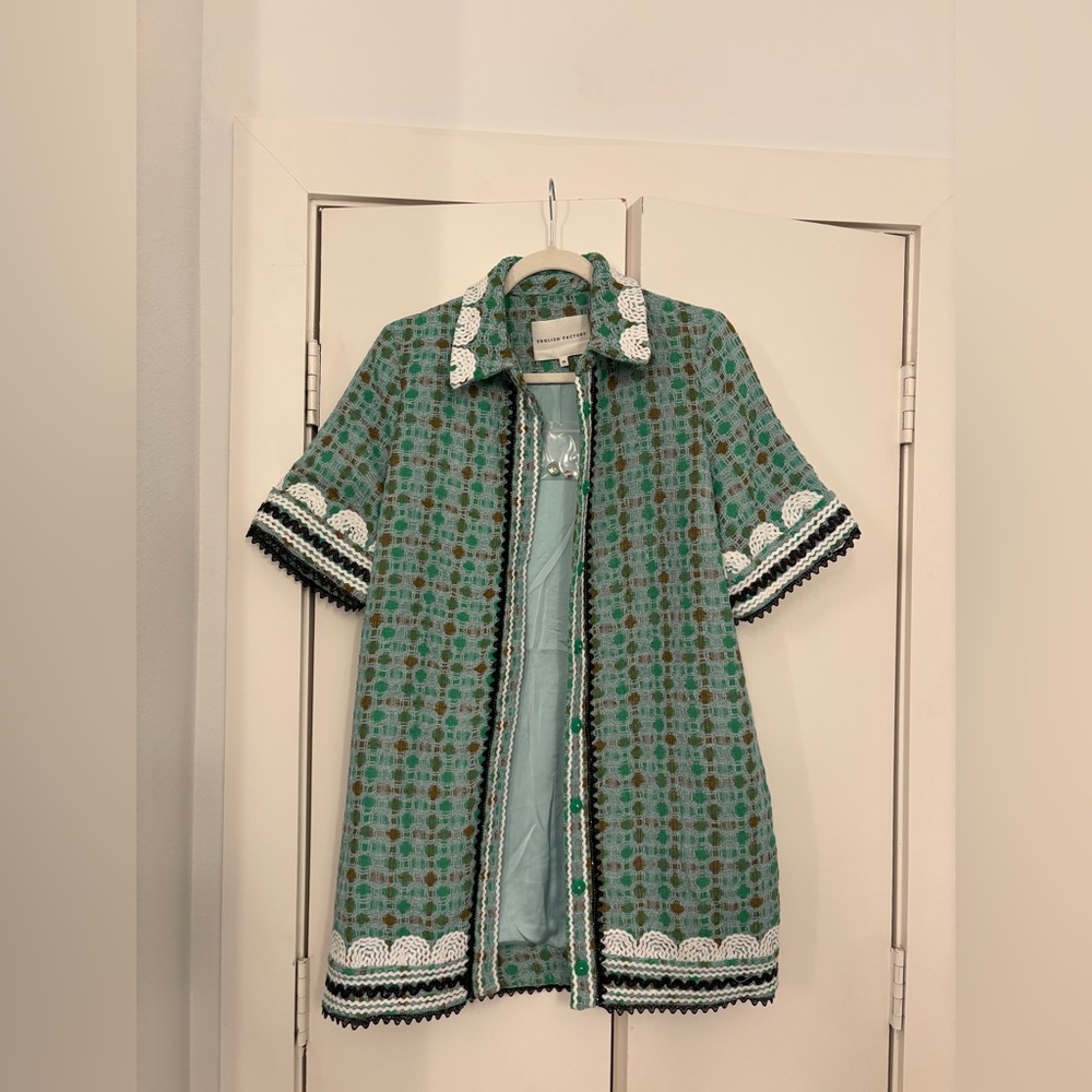 English Factory Tweed Mini Shirt Dress With Ric Rac Trim - Picture 5 of 7
